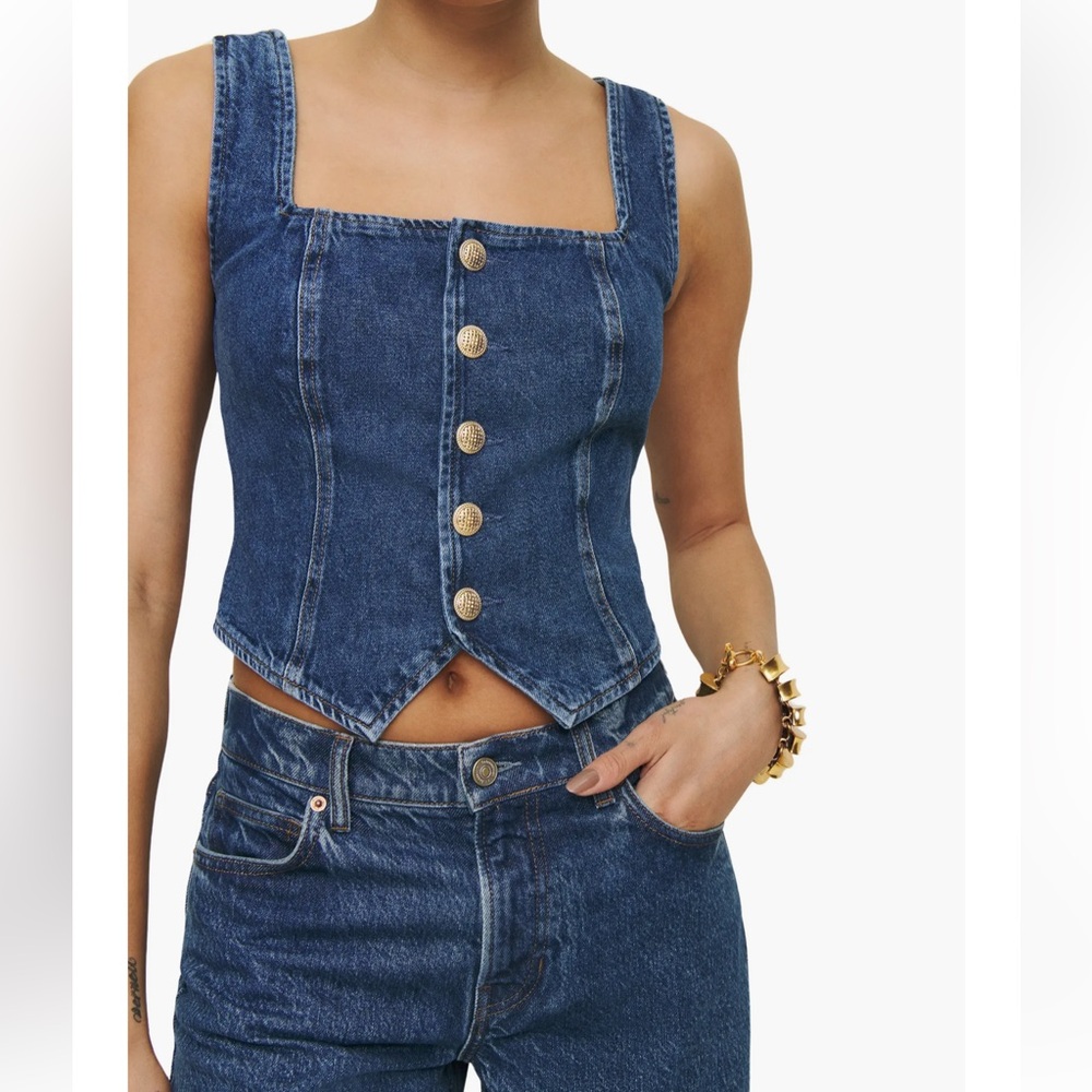 New Reformation Bo Crop Denim Top